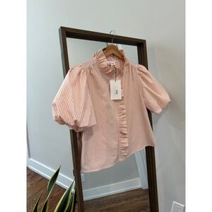 &merci Orange Striped Ruffle High Neck Puff Sleeve Top Women's Size M Seersucker